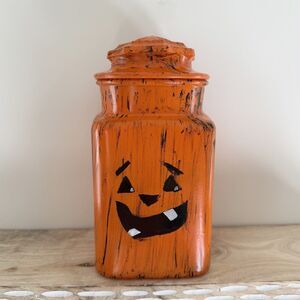 Hand Painted Halloween Jack-O'-Lantern Glass Candy Jar Pumpkin Face